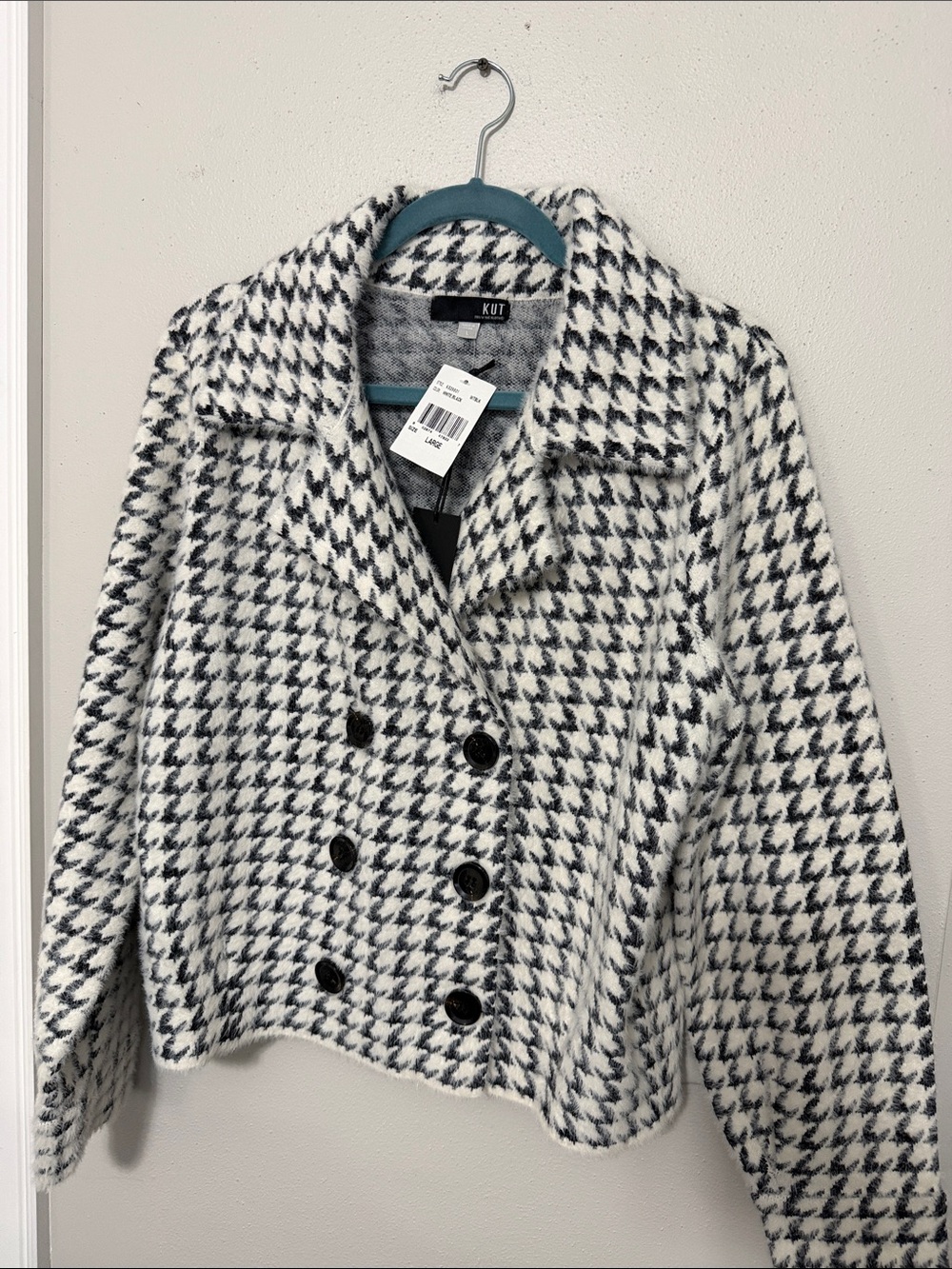 Kut from the Kloth Black & White Houndstooth Double-Breasted Cropped Pea Coat